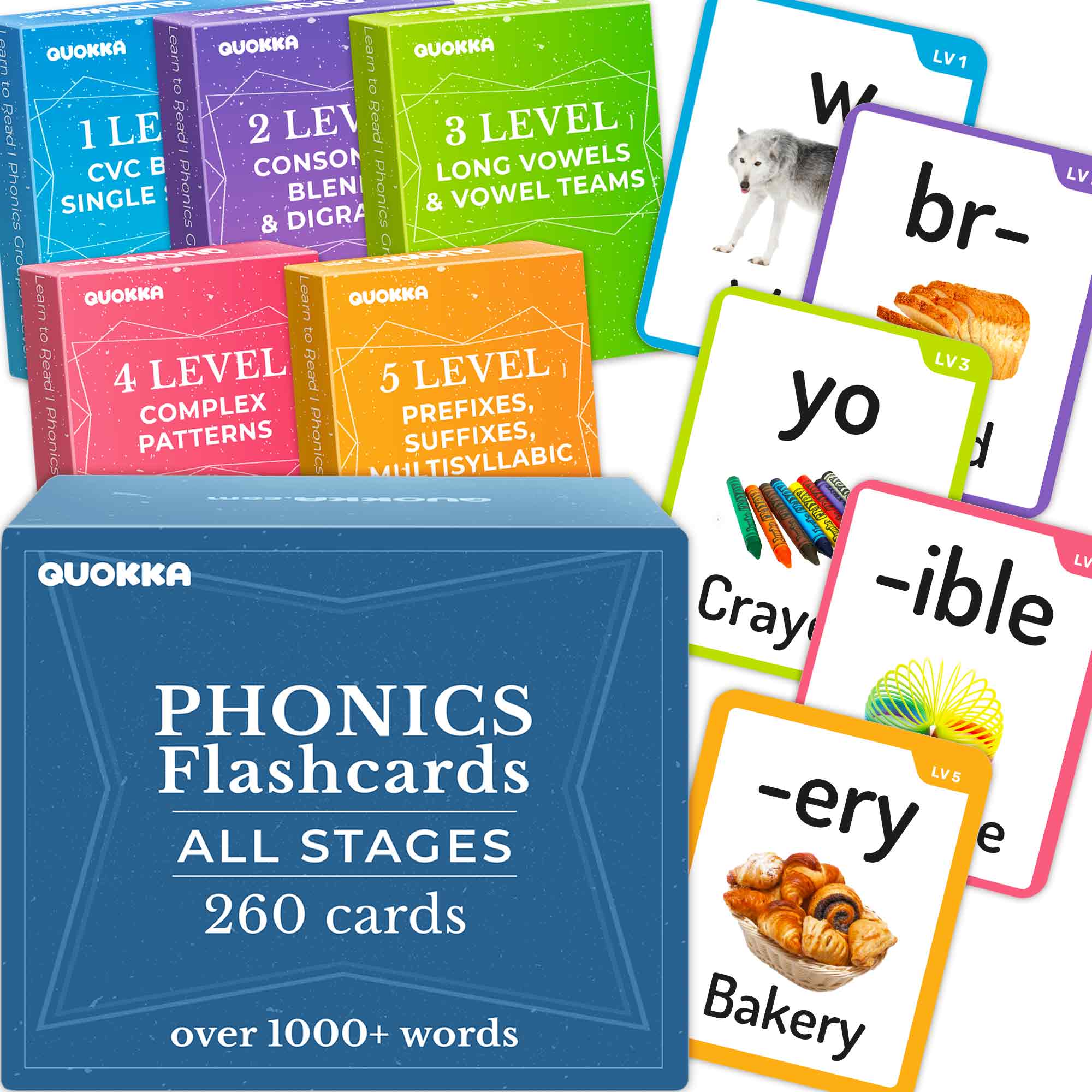 260 Phonics Words Flash Cards for Kids I 5 Decks