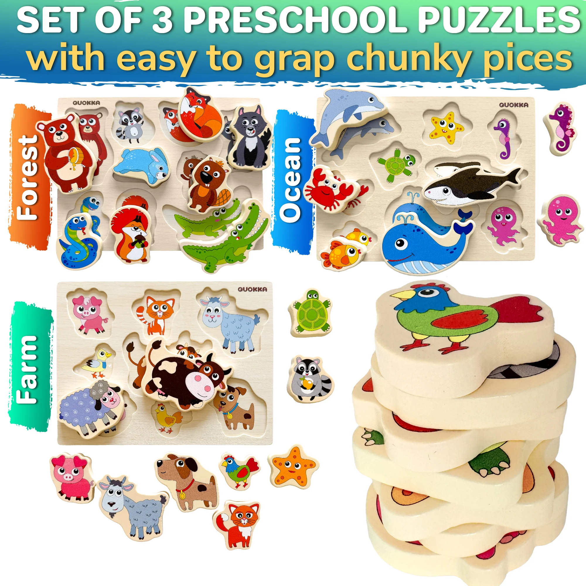 3 Set Chunky Wooden Puzzles for Toddlers | Toys with Animals - Image 2