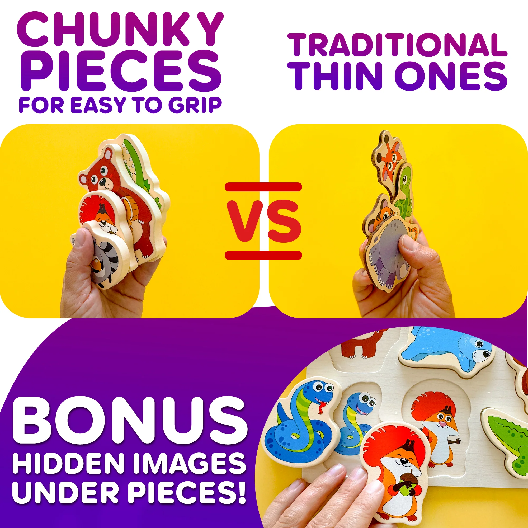 3 Set Chunky Wooden Puzzles for Toddlers | Toys with Animals - Image 3