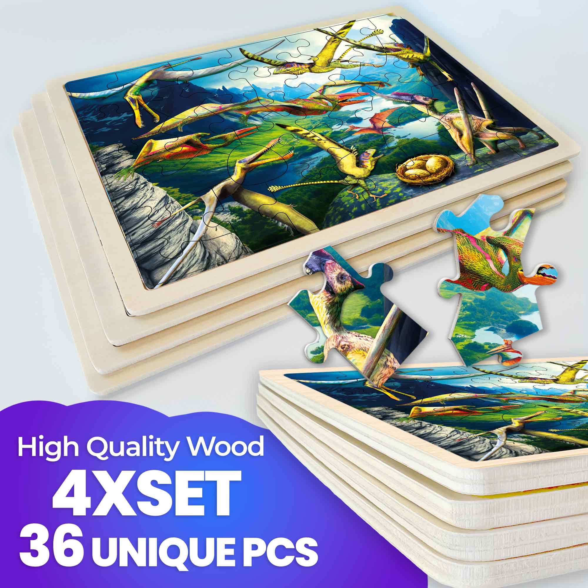 4 Set 36 Pcs Wooden Puzzles for Kids | Dinosaur World - Image 3