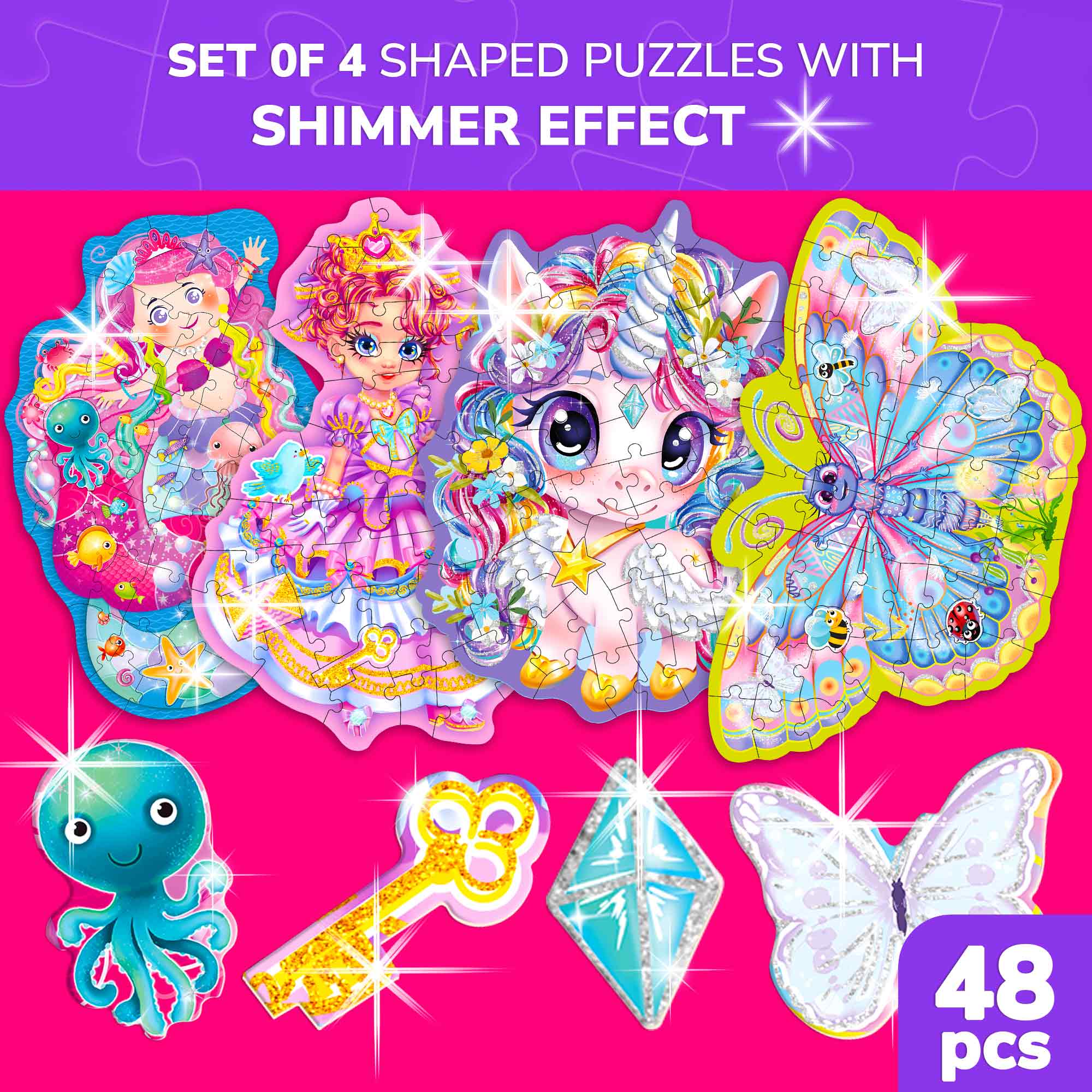 4x48 Pcs Shaped Puzzles with Glitter Effect - Princess, Unicorn - Image 2