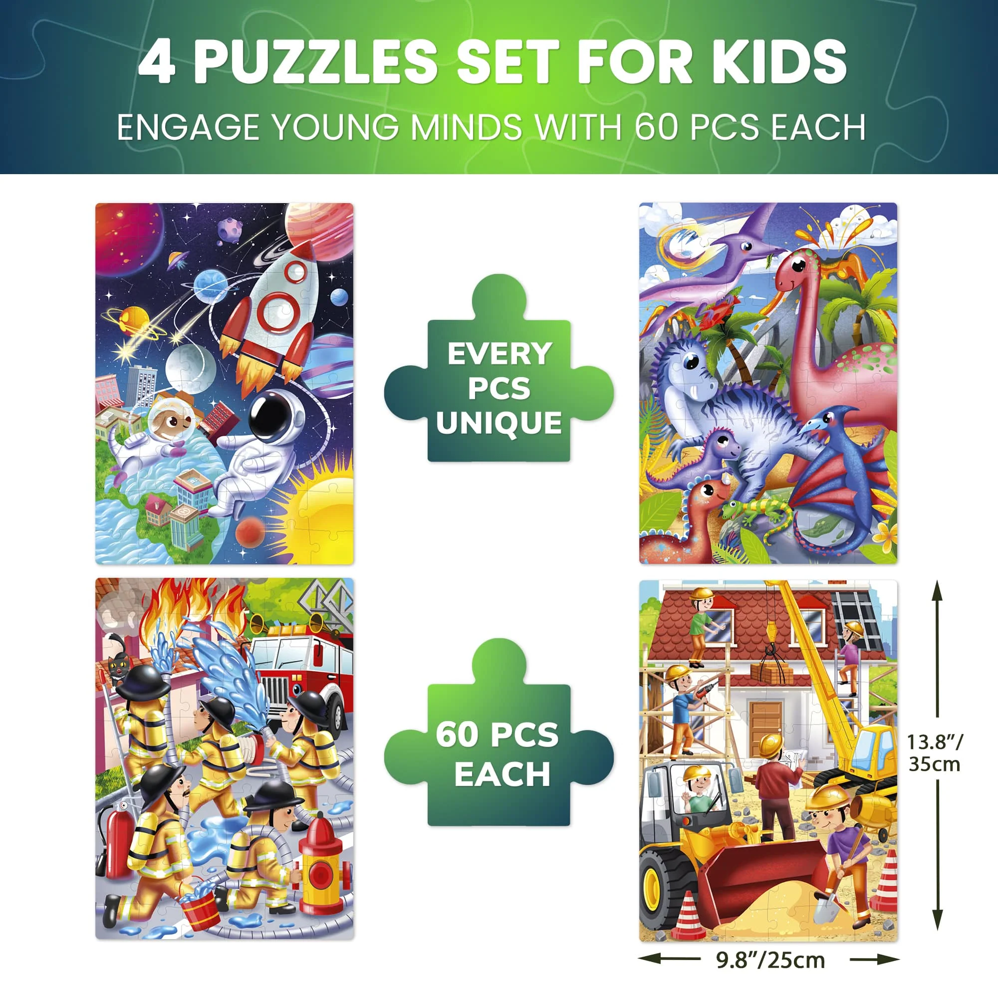 4x60 Jigsaw Puzzles for Kids | Space, Dino, Firefighters - Image 3