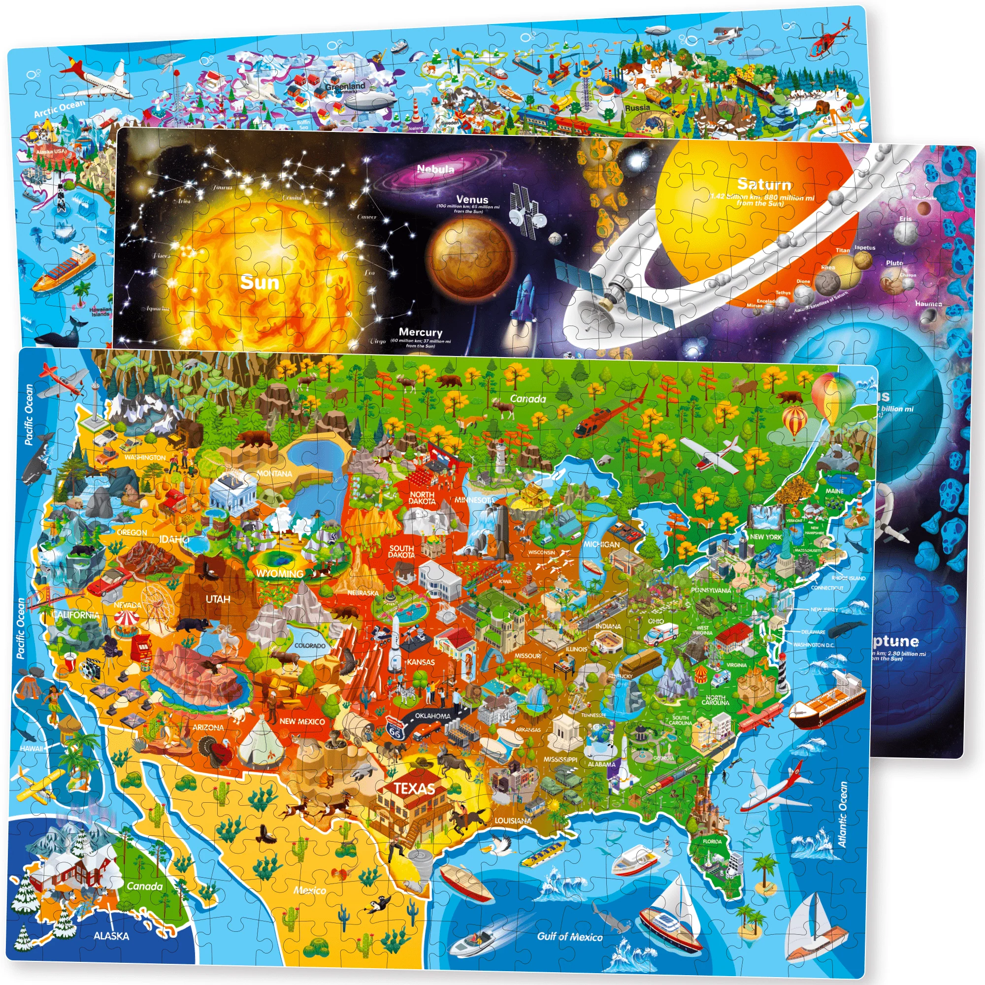 500 Pcs Puzzles for Adults 3 Set | USA, World Maps & Space