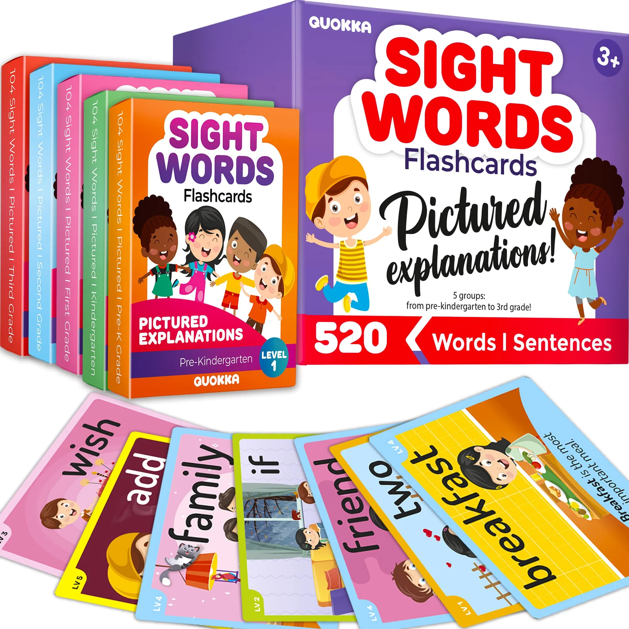 520 Sight Words Flash Cards with Images & Sentences for Kids