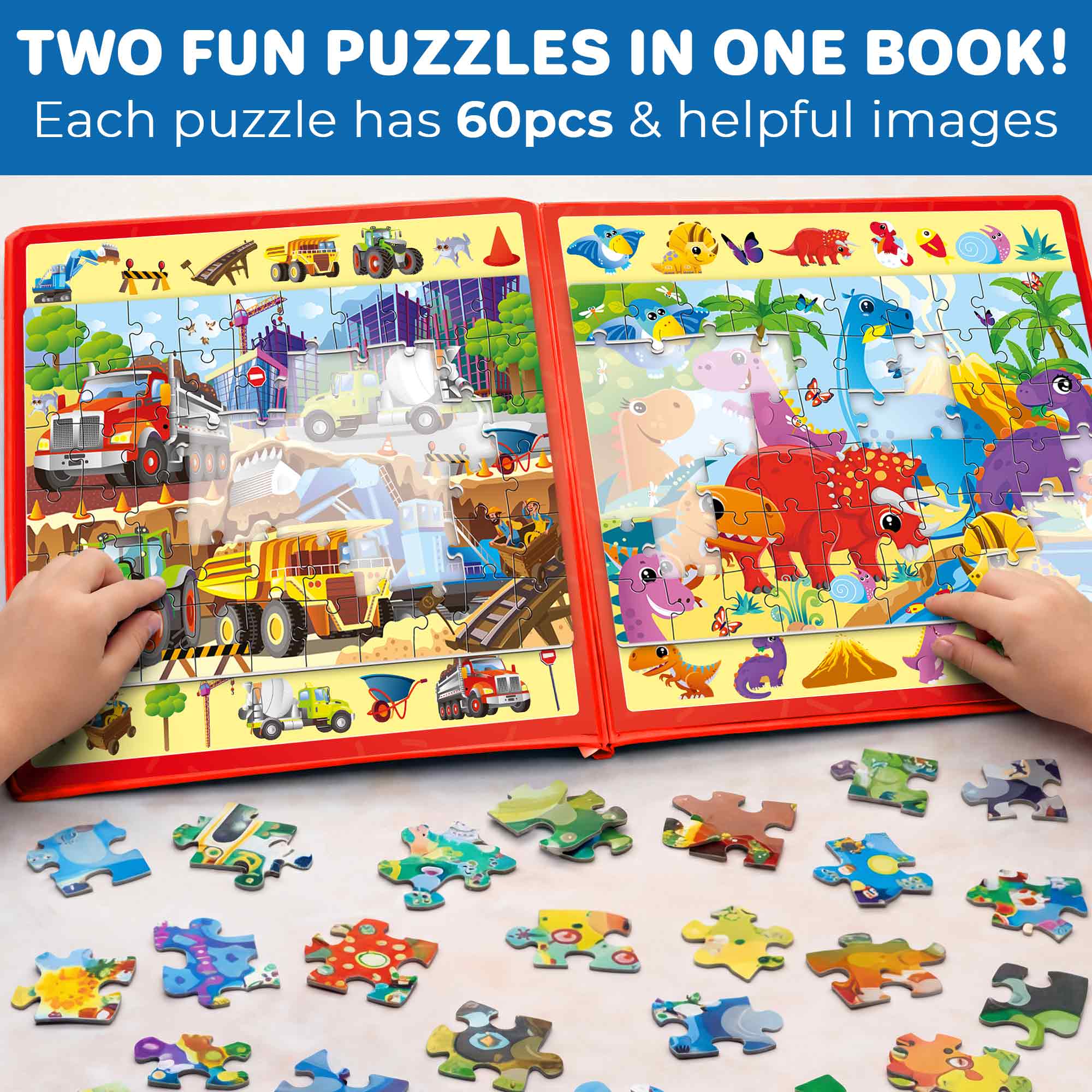 Magnetic Puzzle 2x60 Pcs Puzzles for Kids - Construction & Dino - Image 2