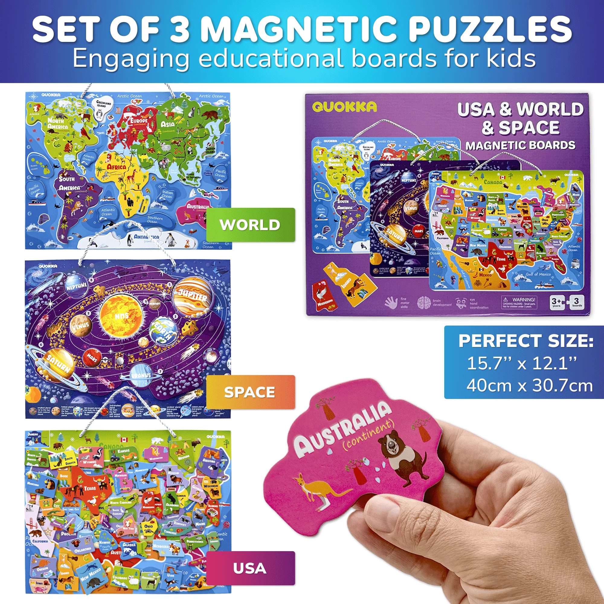 Magnetic 24 Piece Puzzles for Kids | World Map, USA, Space - Image 3