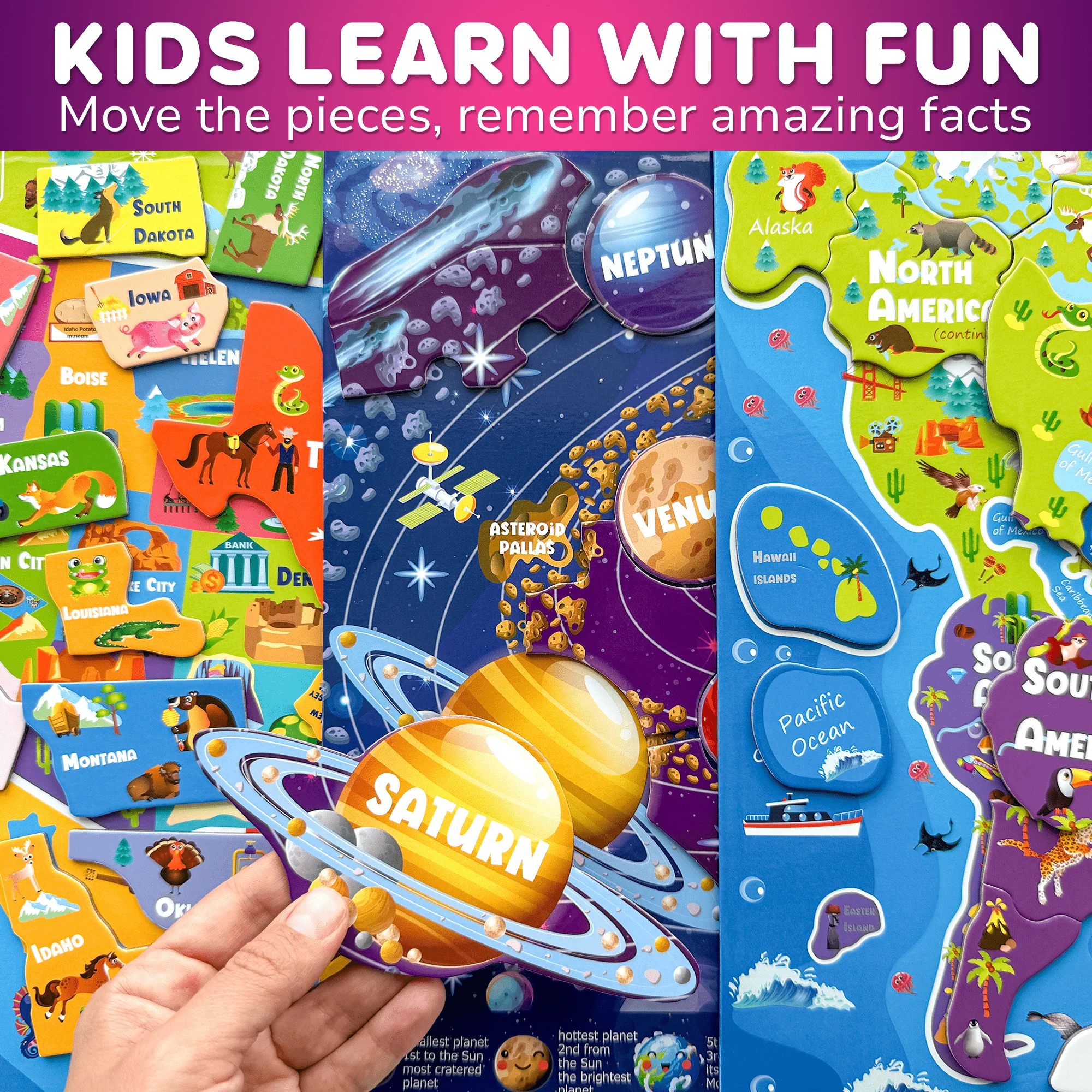 Magnetic 24 Piece Puzzles for Kids | World Map, USA, Space - Image 4
