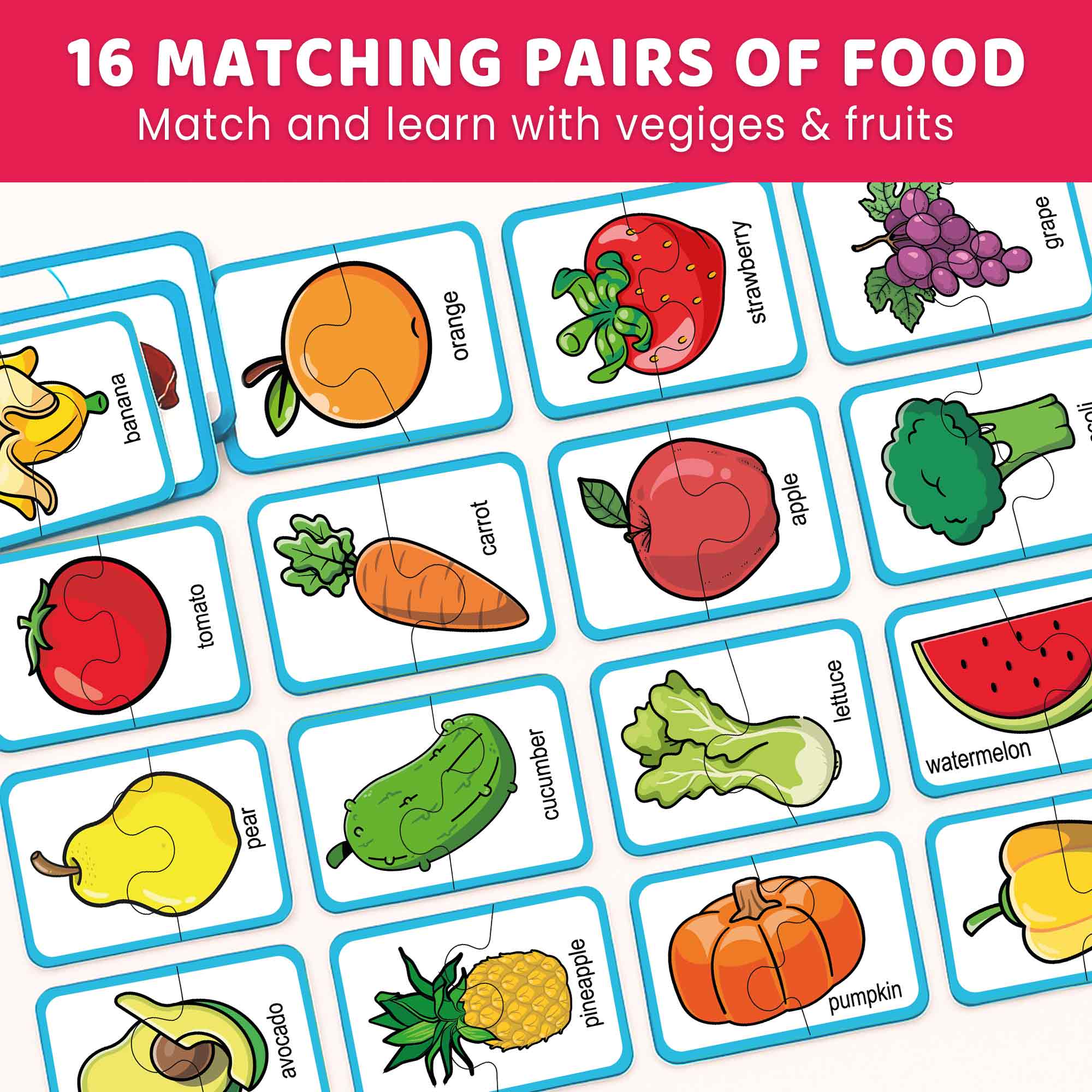 Matching Puzzle for Toddlers - 16 Pairs Fruits Veggies - Image 2