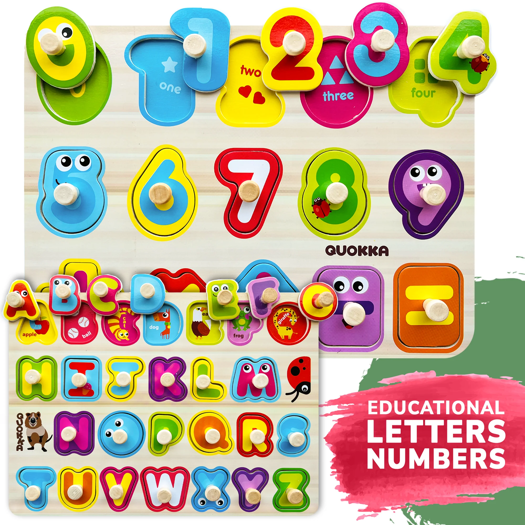 6 Pack with Rack Wooden Puzzles for Toddlers | Alphabet, Numbers and Animals - Image 3