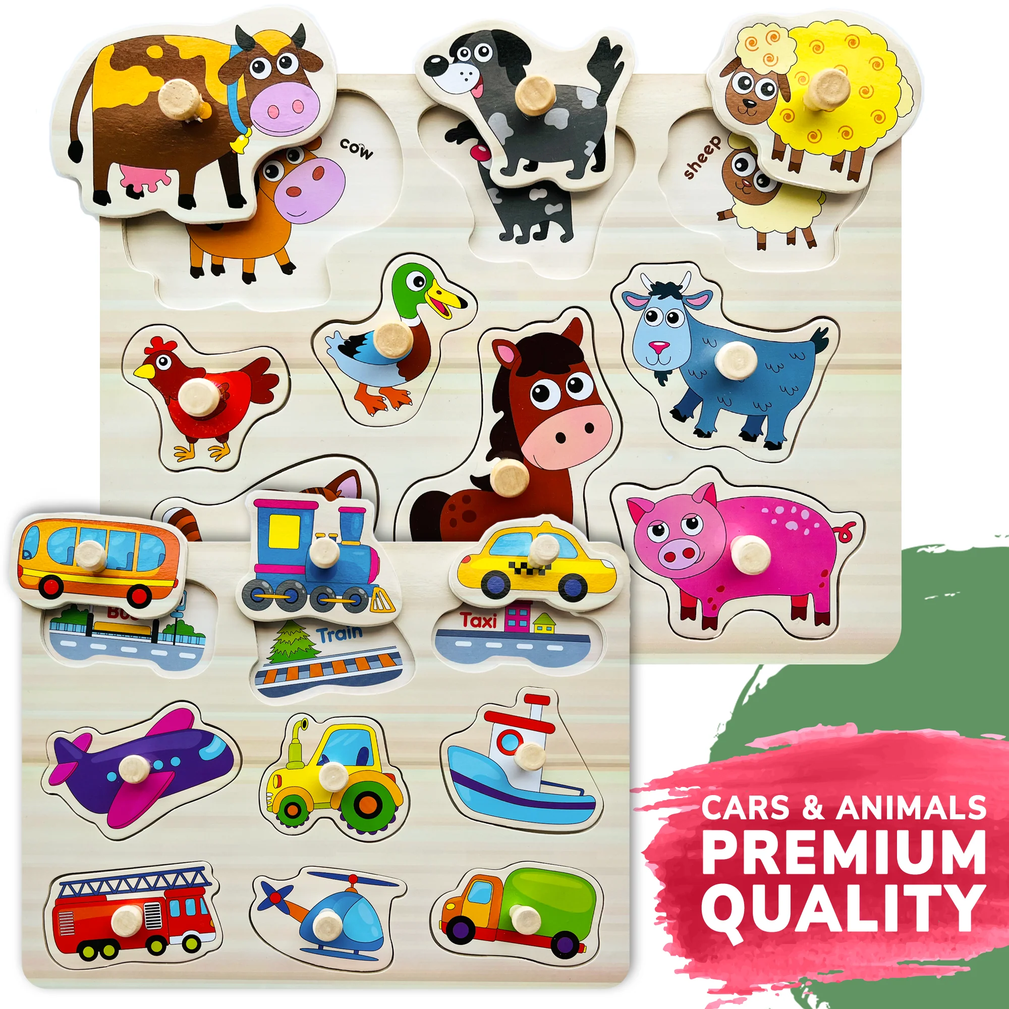 6 Pack with Rack Wooden Puzzles for Toddlers | Alphabet, Numbers and Animals - Image 5