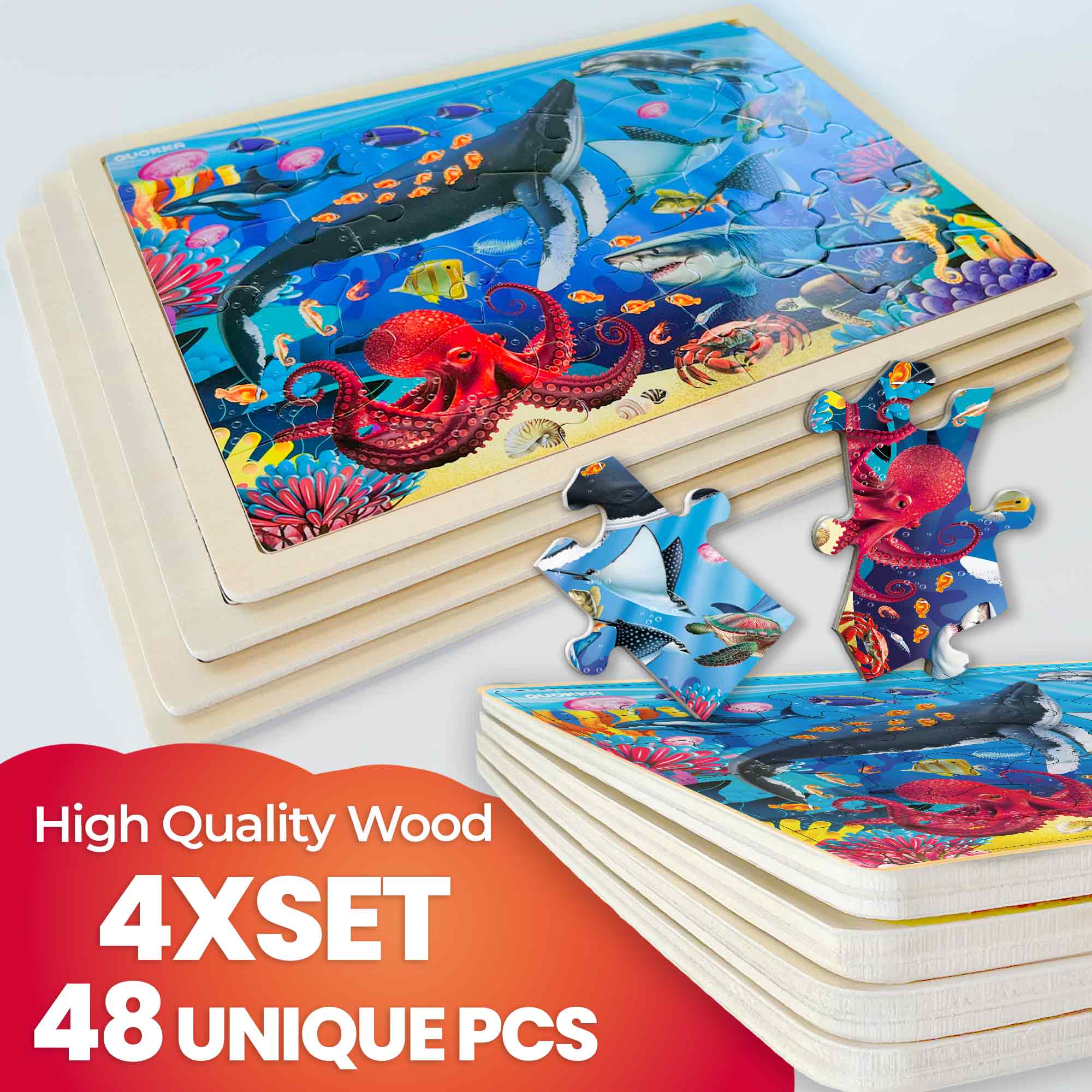 4 Set 48 Pcs Wooden Puzzles for Kids | Africa, Ocean & Wild Animals - Image 3