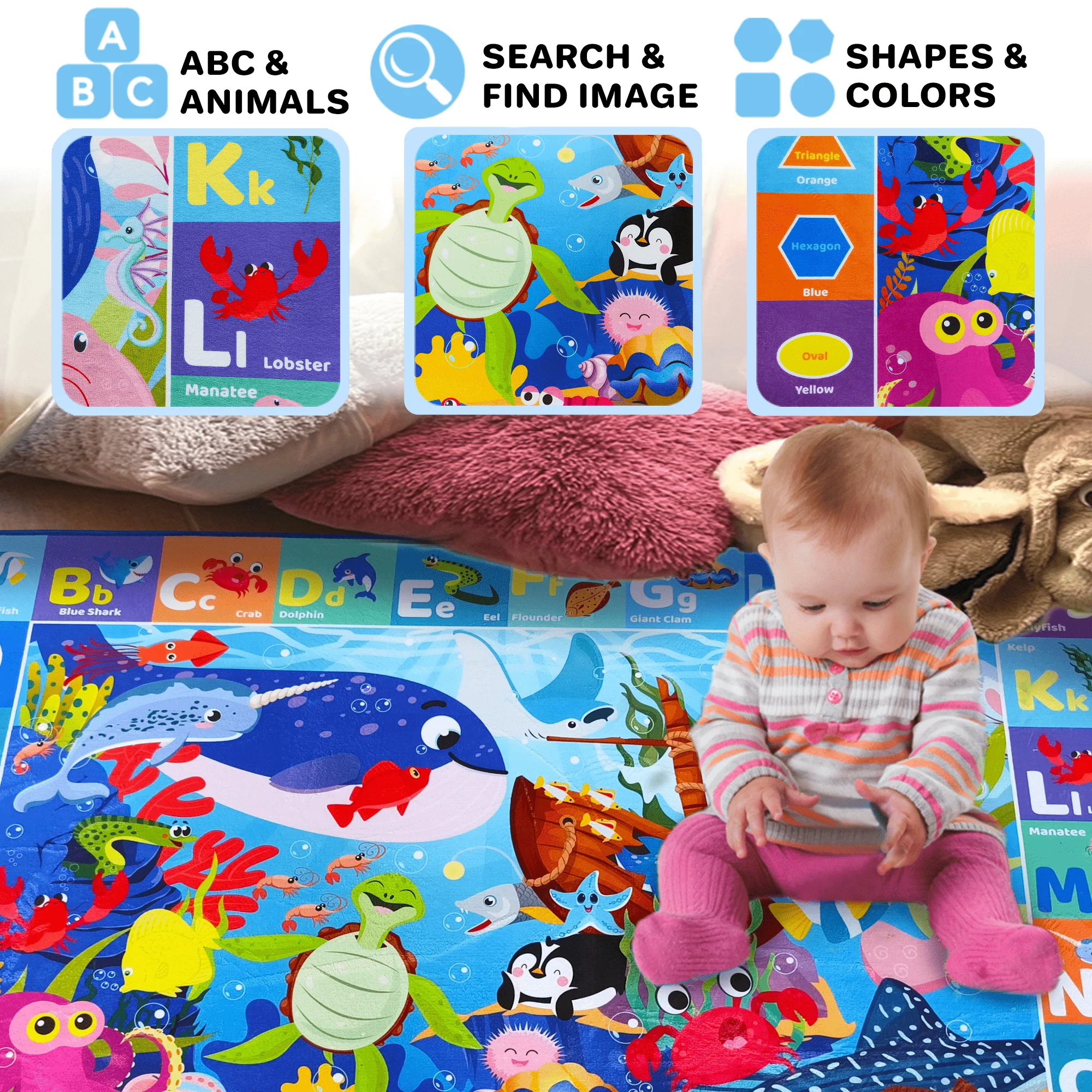 Large Baby Play Mat for Floor | Ocean ABC Rug for Kids - Image 3