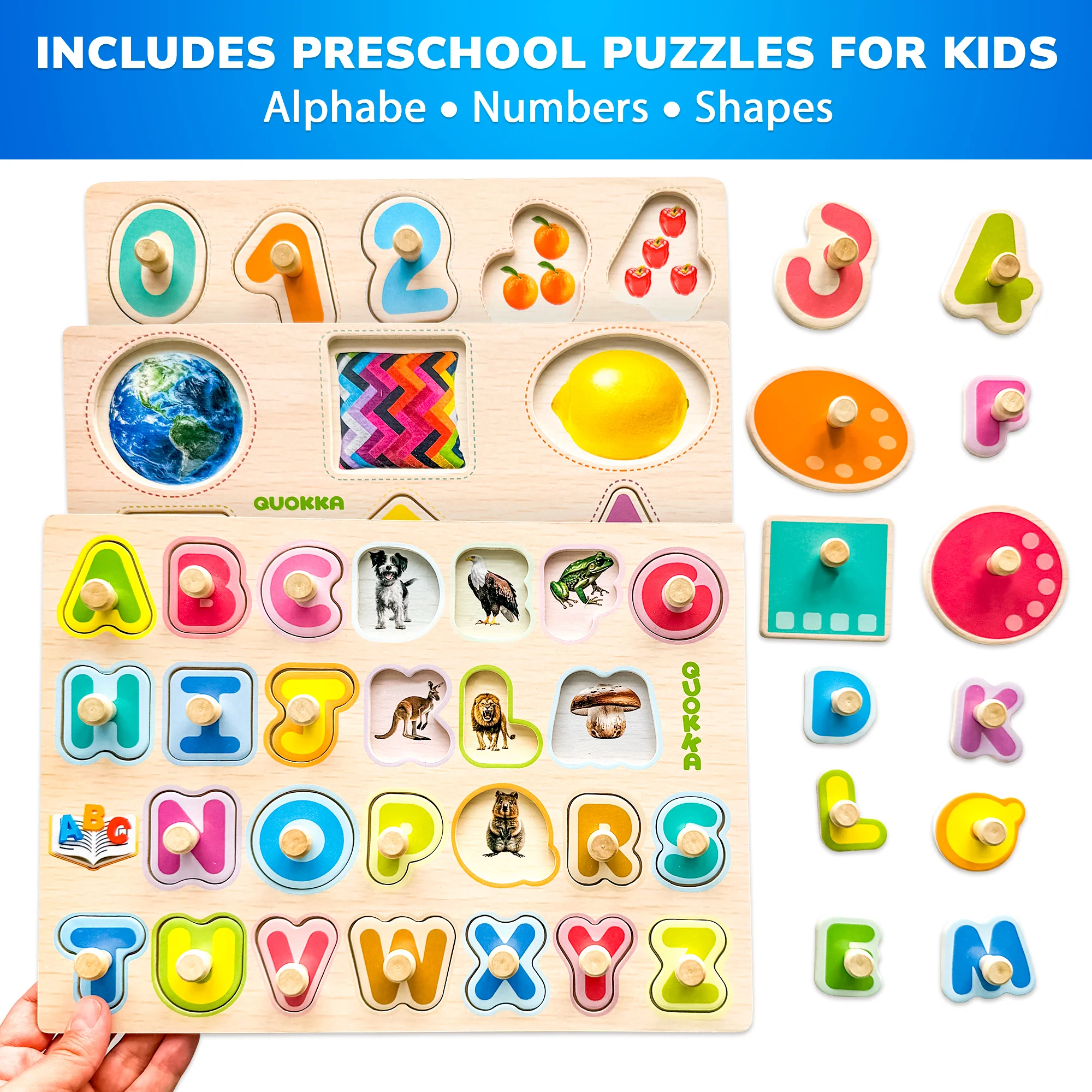 8 Pack Rack Wooden Puzzles for Toddlers| ABC, Numbers & Animals - Image 3