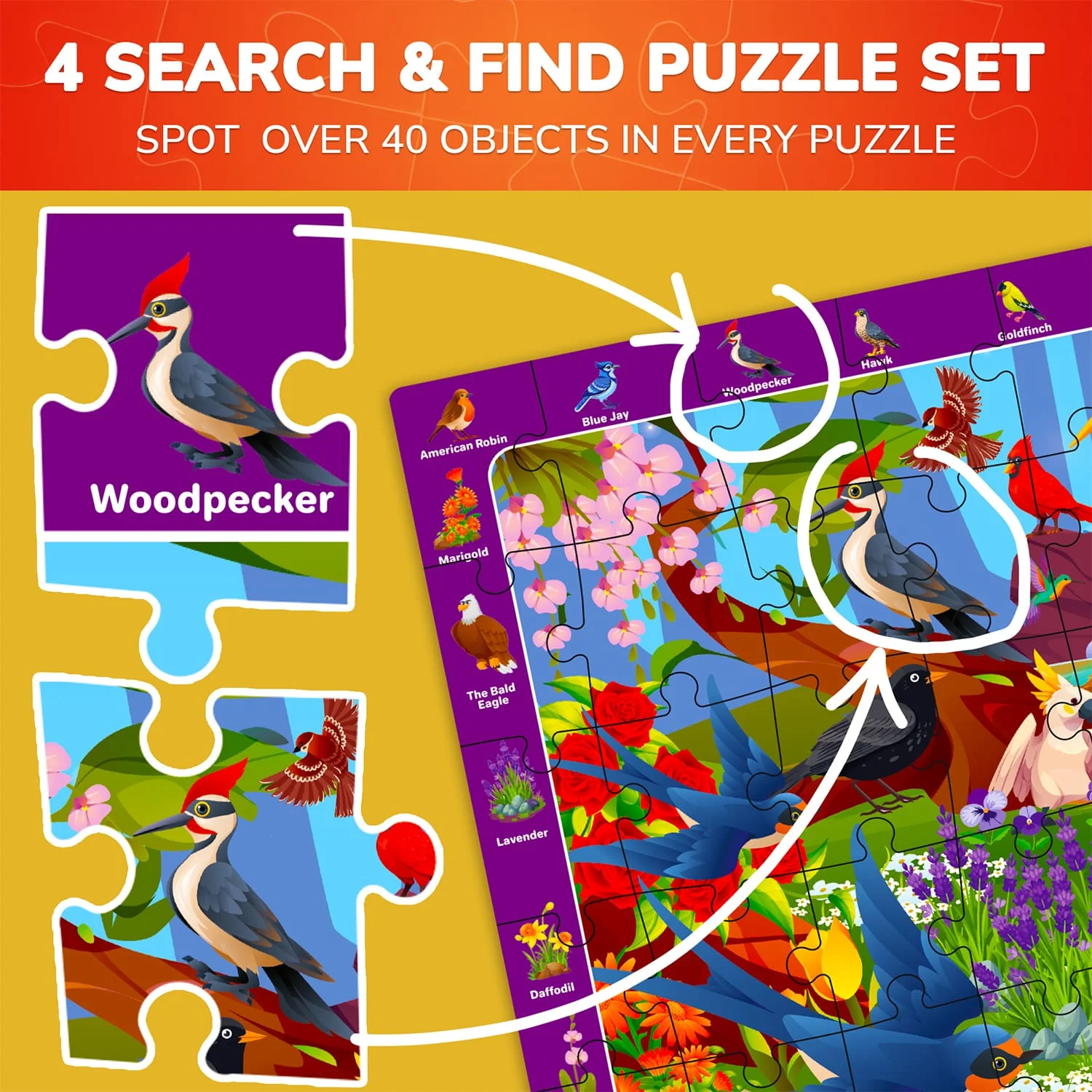 Search & Find Puzzle 4x60 Pcs for Kids | Birds, Camping, Garden - Image 3