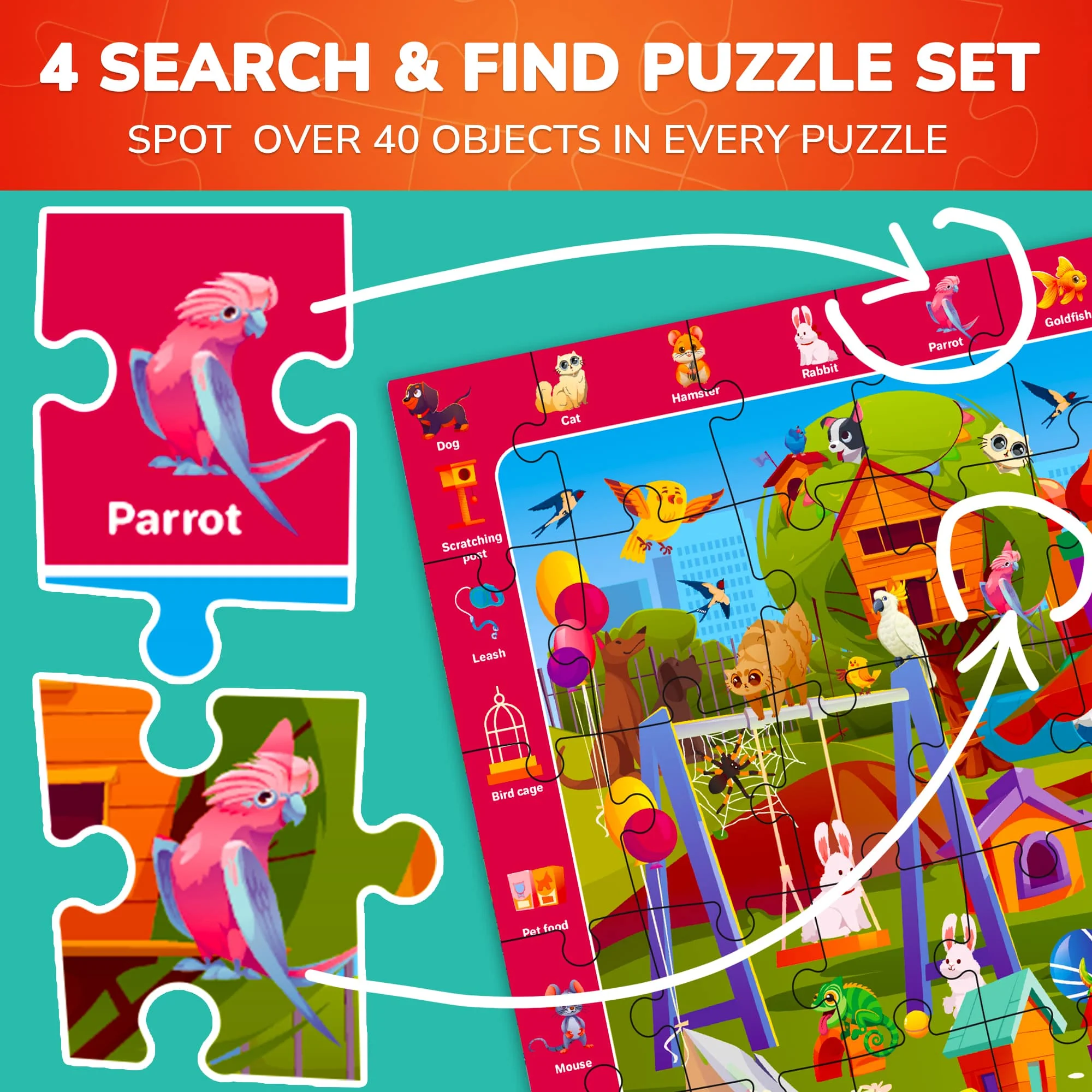 Search & Find Puzzle 4x60 Pcs for Kids | Pets, Mountains Animals - Image 3