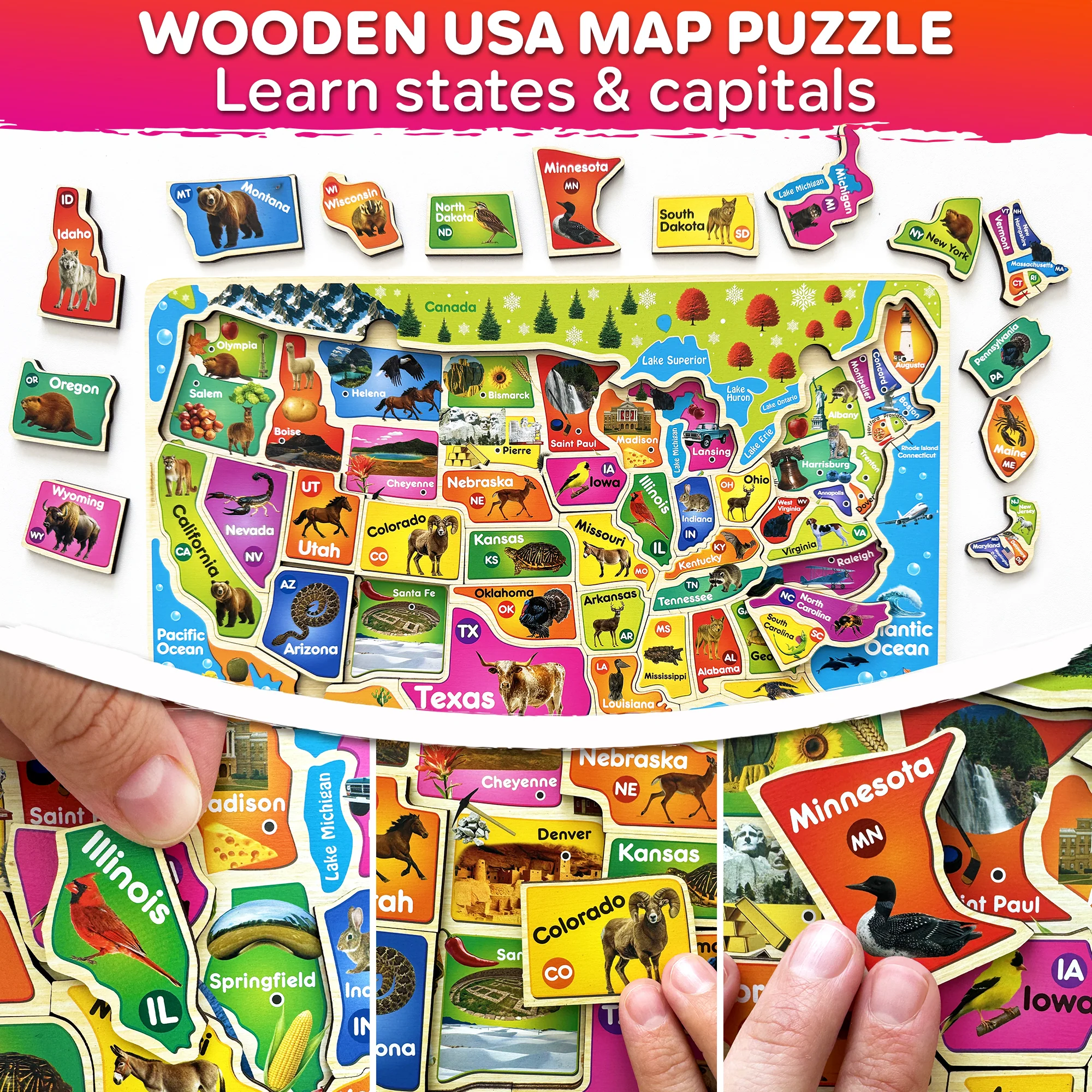 Wooden Puzzles for Kids - Realistic USA and World Map - Image 2