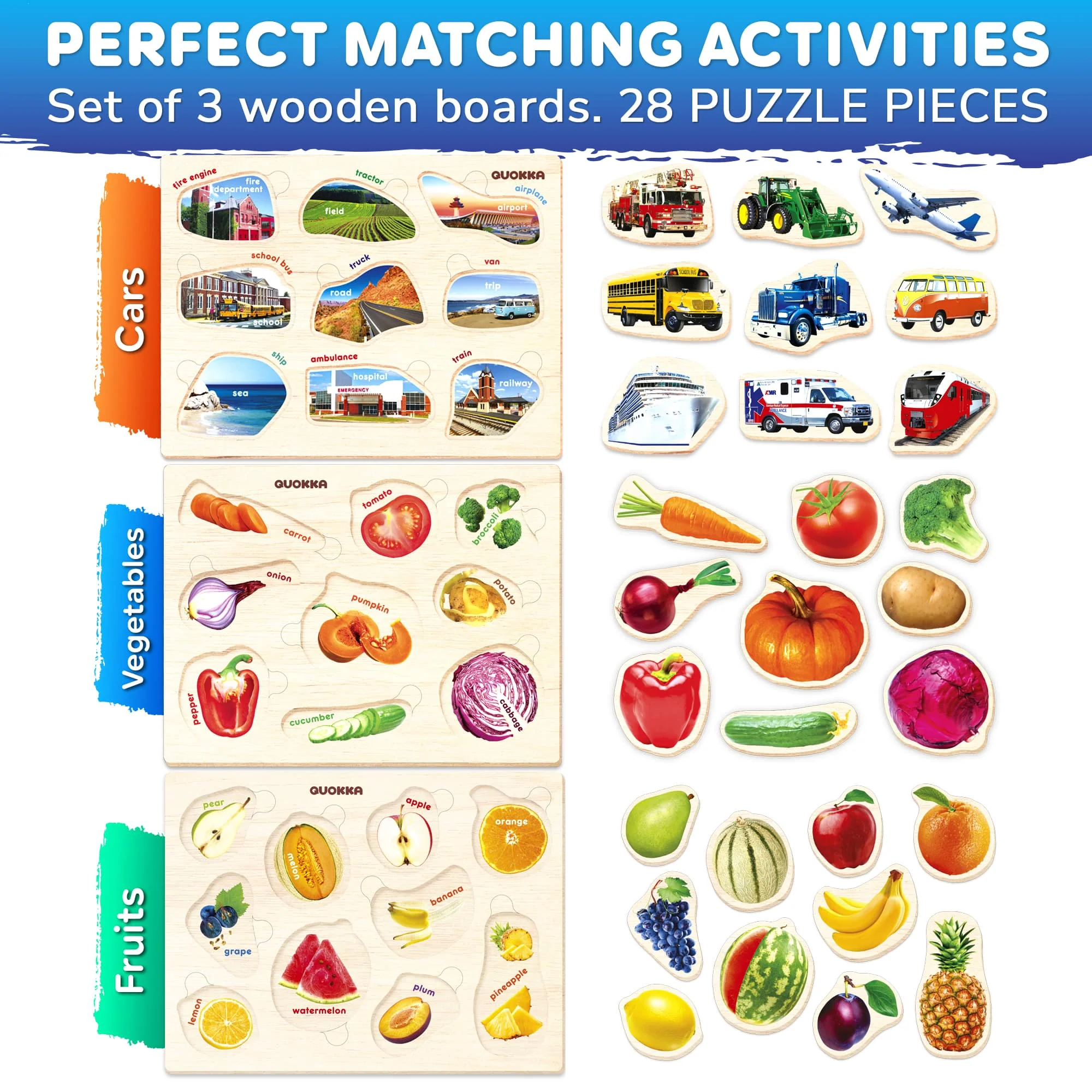 Wooden Real Puzzles for Toddlers | Fruits, Cars, Vegetables - Image 2
